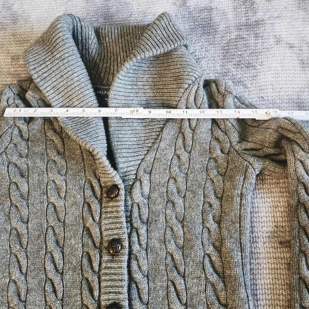 Ralph Lauren Gray Sweater Cardigan Cashmere Wool Button Up Collegiate Chunky Med - Picture 6 of 8